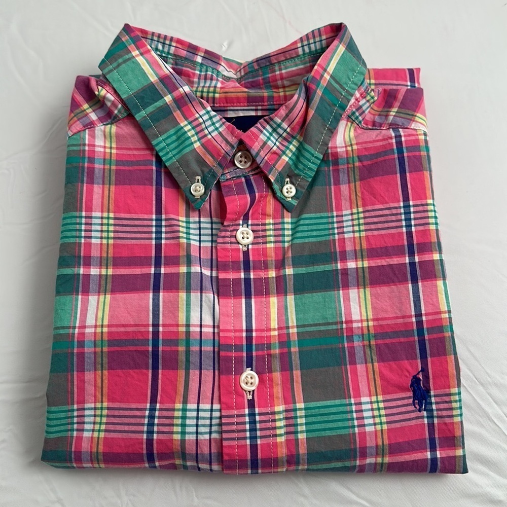 Ralph Lauren Polo multicolor pink plaid short sleeve cotton button down shirt